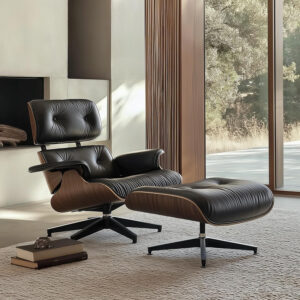 Top Black Grain Leather, Mid Century Chaise Lounge Chair and Ottoman, Modern Chair Classic Design, Walnut Wood, Heavy Duty Base Support for Living Room Office