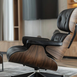 Top Black Grain Leather, Mid Century Chaise Lounge Chair and Ottoman, Modern Chair Classic Design, Walnut Wood, Heavy Duty Base Support for Living Room Office