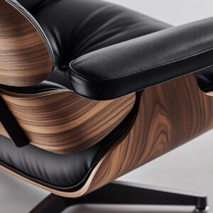 Top Black Grain Leather, Mid Century Chaise Lounge Chair and Ottoman, Modern Chair Classic Design, Walnut Wood, Heavy Duty Base Support for Living Room Office