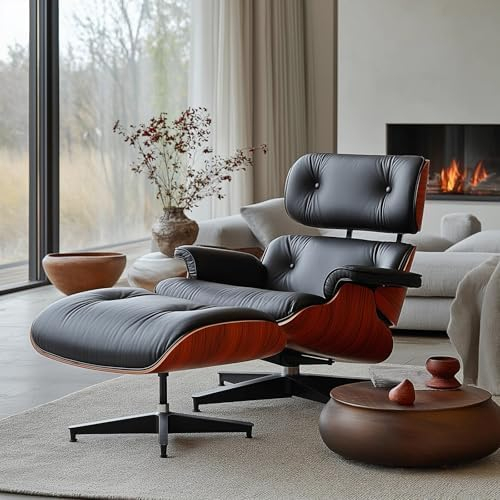 Top Black Grain Leather, Mid Century Chaise Lounge Chair and Ottoman, Modern Chair Classic Design, Walnut Wood, Heavy Duty Base Support for Living Room Office