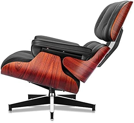Top Black Grain Leather, Mid Century Chaise Lounge Chair and Ottoman, Modern Chair Classic Design, Walnut Wood, Heavy Duty Base Support for Living Room Office