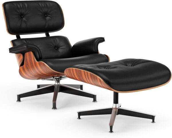 Top Black Grain Leather, Mid Century Chaise Lounge Chair and Ottoman, Modern Chair Classic Design, Walnut Wood, Heavy Duty Base Support for Living Room Office