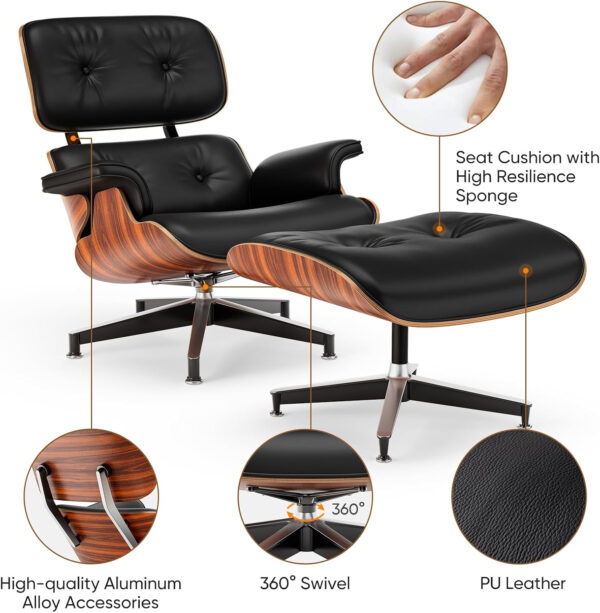 Top Black Grain Leather, Mid Century Chaise Lounge Chair and Ottoman, Modern Chair Classic Design, Walnut Wood, Heavy Duty Base Support for Living Room Office