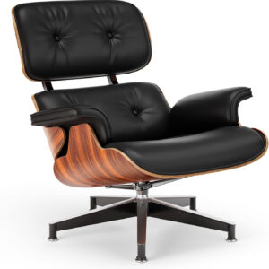 Top Black Grain Leather, Mid Century Chaise Lounge Chair and Ottoman, Modern Chair Classic Design, Walnut Wood, Heavy Duty Base Support for Living Room Office