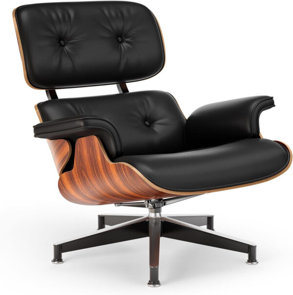 Top Black Grain Leather, Mid Century Chaise Lounge Chair and Ottoman, Modern Chair Classic Design, Walnut Wood, Heavy Duty Base Support for Living Room Office