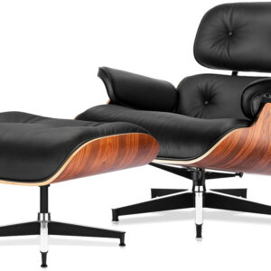 Top Black Grain Leather, Mid Century Chaise Lounge Chair and Ottoman, Modern Chair Classic Design, Walnut Wood, Heavy Duty Base Support for Living Room Office