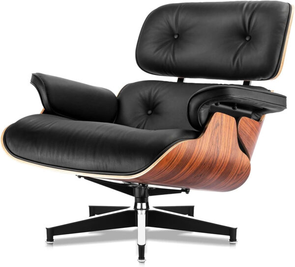 Top Black Grain Leather, Mid Century Chaise Lounge Chair and Ottoman, Modern Chair Classic Design, Walnut Wood, Heavy Duty Base Support for Living Room Office