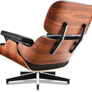 Top Black Grain Leather, Mid Century Chaise Lounge Chair and Ottoman, Modern Chair Classic Design, Walnut Wood, Heavy Duty Base Support for Living Room Office