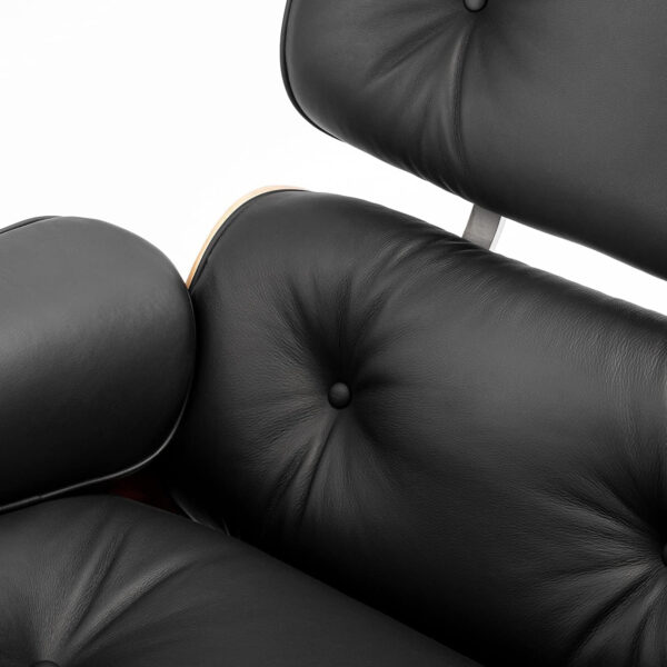 Top Black Grain Leather, Mid Century Chaise Lounge Chair and Ottoman, Modern Chair Classic Design, Walnut Wood, Heavy Duty Base Support for Living Room Office