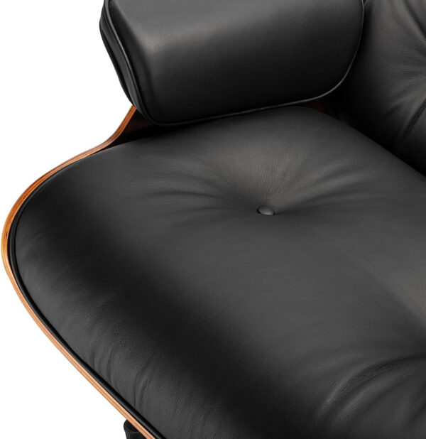 Top Black Grain Leather, Mid Century Chaise Lounge Chair and Ottoman, Modern Chair Classic Design, Walnut Wood, Heavy Duty Base Support for Living Room Office