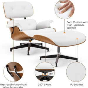 Top Black Grain Leather, Mid Century Chaise Lounge Chair and Ottoman, Modern Chair Classic Design, Walnut Wood, Heavy Duty Base Support for Living Room Office