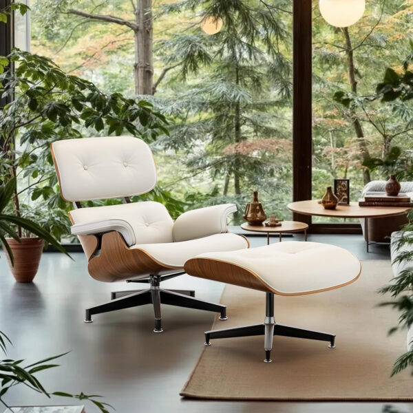 Top Black Grain Leather, Mid Century Chaise Lounge Chair and Ottoman, Modern Chair Classic Design, Walnut Wood, Heavy Duty Base Support for Living Room Office