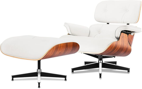 Top Black Grain Leather, Mid Century Chaise Lounge Chair and Ottoman, Modern Chair Classic Design, Walnut Wood, Heavy Duty Base Support for Living Room Office