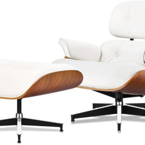 Top Black Grain Leather, Mid Century Chaise Lounge Chair and Ottoman, Modern Chair Classic Design, Walnut Wood, Heavy Duty Base Support for Living Room Office