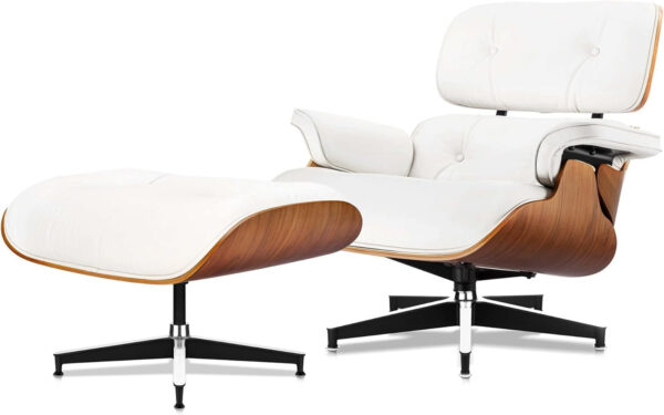 Top Black Grain Leather, Mid Century Chaise Lounge Chair and Ottoman, Modern Chair Classic Design, Walnut Wood, Heavy Duty Base Support for Living Room Office