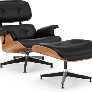 Top Black Grain Leather, Mid Century Chaise Lounge Chair and Ottoman, Modern Chair Classic Design, Walnut Wood, Heavy Duty Base Support for Living Room Office