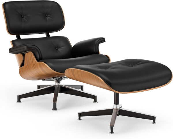 Top Black Grain Leather, Mid Century Chaise Lounge Chair and Ottoman, Modern Chair Classic Design, Walnut Wood, Heavy Duty Base Support for Living Room Office