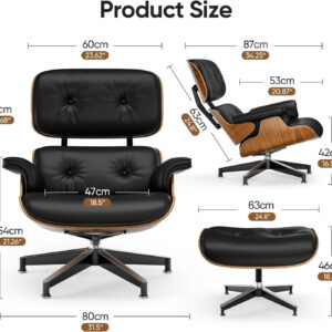 Top Black Grain Leather, Mid Century Chaise Lounge Chair and Ottoman, Modern Chair Classic Design, Walnut Wood, Heavy Duty Base Support for Living Room Office