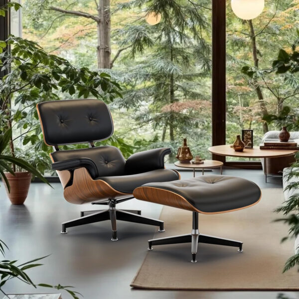 Top Black Grain Leather, Mid Century Chaise Lounge Chair and Ottoman, Modern Chair Classic Design, Walnut Wood, Heavy Duty Base Support for Living Room Office