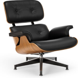 Top Black Grain Leather, Mid Century Chaise Lounge Chair and Ottoman, Modern Chair Classic Design, Walnut Wood, Heavy Duty Base Support for Living Room Office