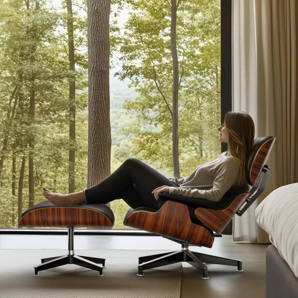 Top Black PU Leather, Mid Century Chaise Lounge Chair and Ottoman, Modern Chair Classic Design, Palisander Wood, Heavy Duty Base Support for Living Room Office