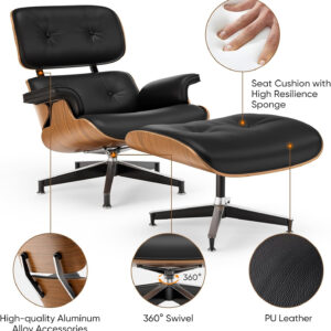 Top Black PU Leather, Mid Century Chaise Lounge Chair and Ottoman, Modern Chair Classic Design, Palisander Wood, Heavy Duty Base Support for Living Room Office