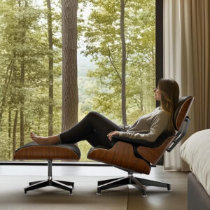 Top Black PU Leather, Mid Century Chaise Lounge Chair and Ottoman, Modern Chair Classic Design, Palisander Wood, Heavy Duty Base Support for Living Room Office