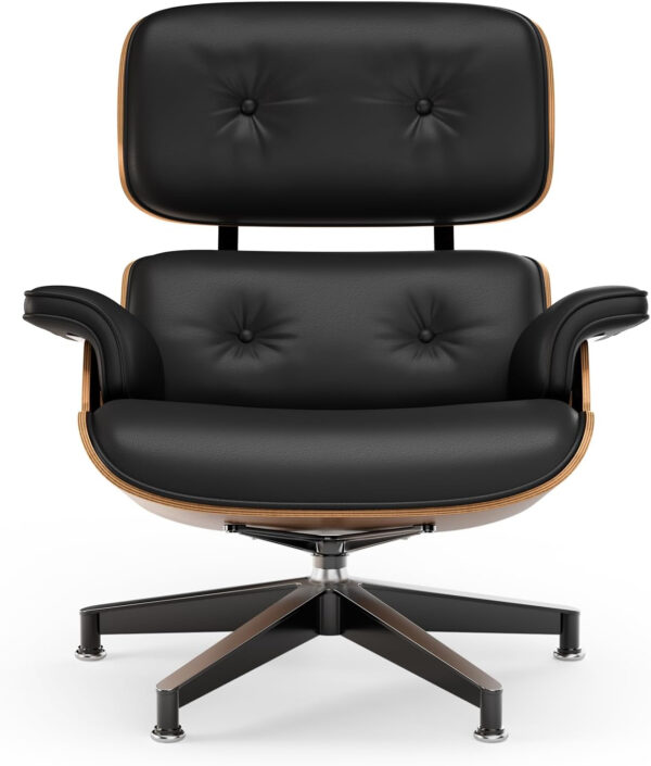 Top Black PU Leather, Mid Century Chaise Lounge Chair and Ottoman, Modern Chair Classic Design, Palisander Wood, Heavy Duty Base Support for Living Room Office