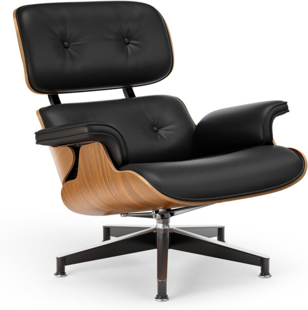 Top Black PU Leather, Mid Century Chaise Lounge Chair and Ottoman, Modern Chair Classic Design, Palisander Wood, Heavy Duty Base Support for Living Room Office