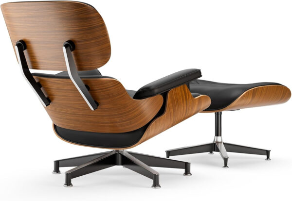 Top Black PU Leather, Mid Century Chaise Lounge Chair and Ottoman, Modern Chair Classic Design, Palisander Wood, Heavy Duty Base Support for Living Room Office