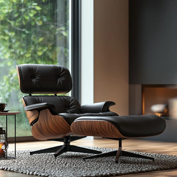 6886eec17c44cd7bd4fa0bdcbeaf5cedc610df1013c83c0e7db07.jpg Mid Century Chaise Lounge Chair and Ottoman Top Grain Leather Classic Accent Chairs 360° swivel base with 15° Perma-tilt Quality Wooden Shell Lounge Chair for Living Room Reading - Walnut/White