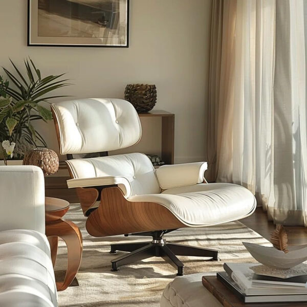 6886eeca77fb08c579da16dda96931ed636d3ae7e46e9eae86c88.jpg Mid Century Chaise Lounge Chair and Ottoman Top Grain Leather Classic Accent Chairs 360° swivel base with 15° Perma-tilt Quality Wooden Shell Lounge Chair for Living Room Reading - Walnut/White