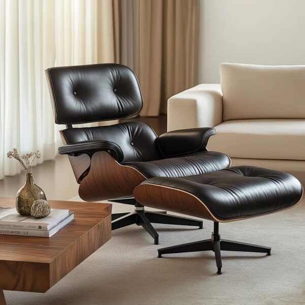 6886eecc42bed59d8fc13c1f4d2aece3711e8a8bdfdcde6676132.jpg Mid Century Chaise Lounge Chair and Ottoman Top Grain Leather Classic Accent Chairs 360° swivel base with 15° Perma-tilt Quality Wooden Shell Lounge Chair for Living Room Reading - Walnut/White