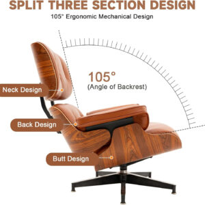 Top Black Grain Leather, Mid Century Chaise Lounge Chair and Ottoman, Modern Chair Classic Design, Heavy Duty Base Support for Living Room Study Lounge Office, Palisander