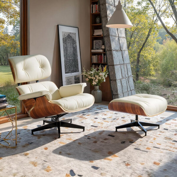 Top Grain Leather Chaise Lounge Chair and Ottoman Classic Accent Chairs 360° Swivel Heavy Duty Base Support Quality Wooden Shell Mid Century Lounge Chair for Living Room Office Reading Palisander