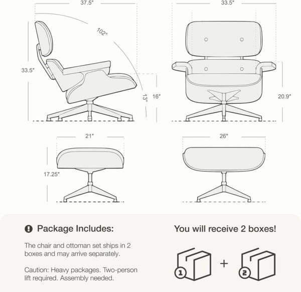 Top Grain Leather Chaise Lounge Chair and Ottoman Classic Accent Chairs 360° Swivel Heavy Duty Base Support Quality Wooden Shell Mid Century Lounge Chair for Living Room Office Reading Palisander