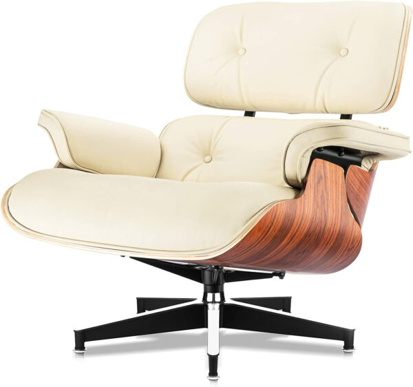 Top Grain Leather Chaise Lounge Chair and Ottoman Classic Accent Chairs 360° Swivel Heavy Duty Base Support Quality Wooden Shell Mid Century Lounge Chair for Living Room Office Reading Palisander