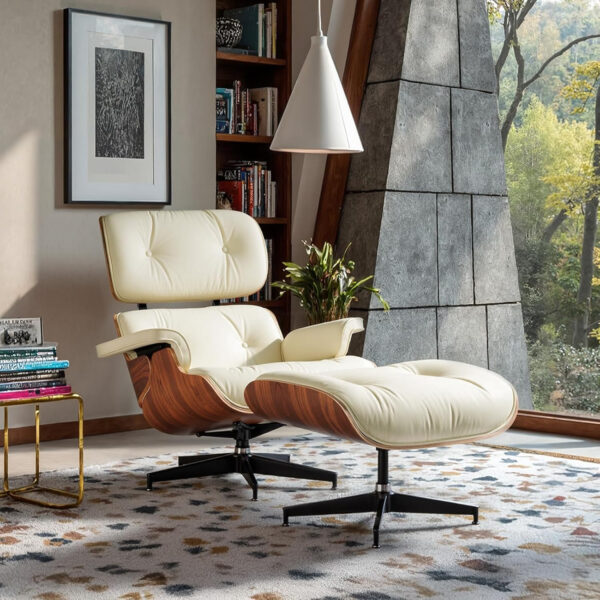 Top Grain Leather Chaise Lounge Chair and Ottoman Classic Accent Chairs 360° Swivel Heavy Duty Base Support Quality Wooden Shell Mid Century Lounge Chair for Living Room Office Reading Palisander