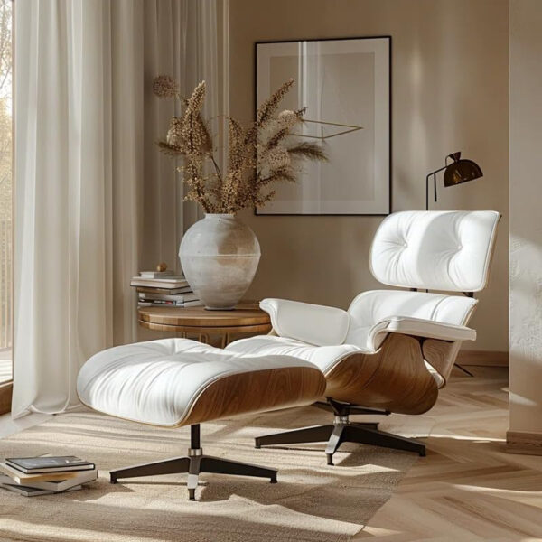 Top Grain Leather Chaise Lounge Chair and Ottoman Classic Accent Chairs 360° Swivel Heavy Duty Base Support Quality Wooden Shell Mid Century Lounge Chair for Living Room Office Reading Palisander