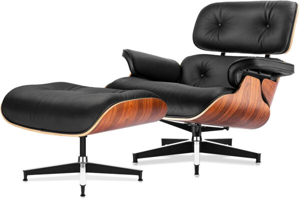 Top Grain Leather Chaise Lounge Chair and Ottoman Classic Accent Chairs 360° Swivel Heavy Duty Base Support Quality Wooden Shell Mid Century Lounge Chair for Living Room Office Reading Palisander