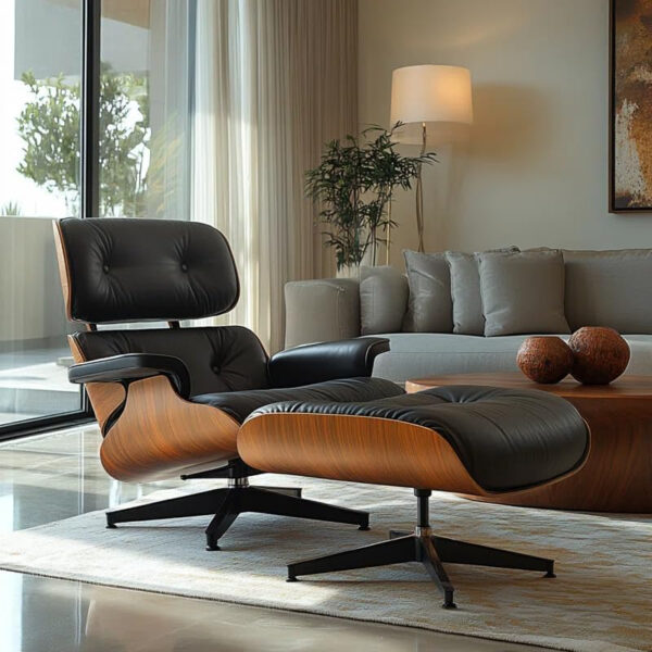 Top Grain Leather Chaise Lounge Chair and Ottoman Classic Accent Chairs 360° Swivel Heavy Duty Base Support Quality Wooden Shell Mid Century Lounge Chair for Living Room Office Reading Palisander