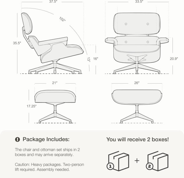 Top Grain Leather Chaise Lounge Chair and Ottoman Classic Accent Chairs 360° Swivel Heavy Duty Base Support Quality Wooden Shell Mid Century Lounge Chair for Living Room Office Reading Palisander