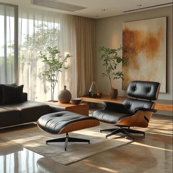 Top Grain Leather Chaise Lounge Chair and Ottoman Classic Accent Chairs 360° Swivel Heavy Duty Base Support Quality Wooden Shell Mid Century Lounge Chair for Living Room Office Reading Palisander