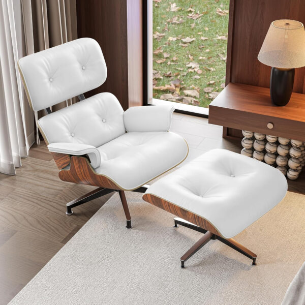 Chaise Lounge Chair with Ottoman Genuine Leather High-Resilience Foam Cushions Mid Century Modern Ergonomic Design for Living Room Study Lounge Office Palisander Black