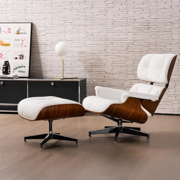 Chaise Lounge Chair with Ottoman Genuine Leather High-Resilience Foam Cushions Mid Century Modern Ergonomic Design for Living Room Study Lounge Office Palisander Black