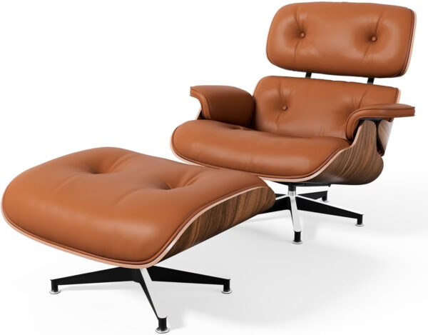 Chaise Lounge Chair with Ottoman Genuine Leather High-Resilience Foam Cushions Mid Century Modern Ergonomic Design for Living Room Study Lounge Office Palisander Black