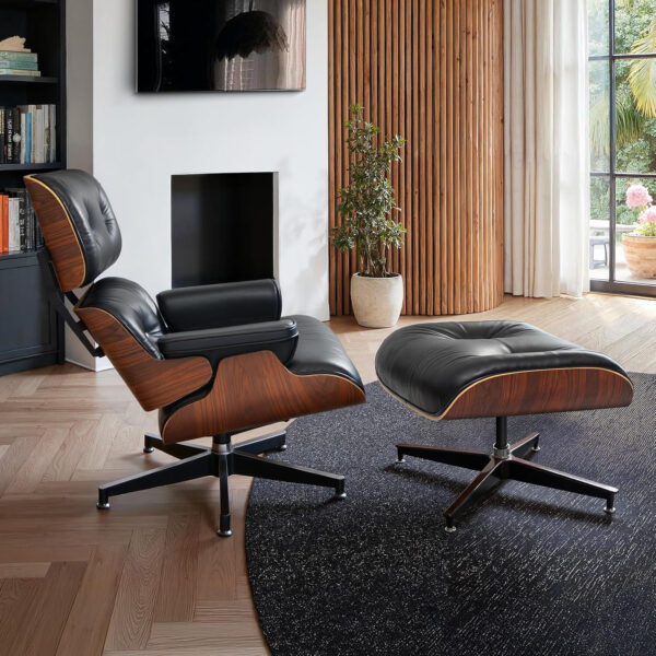 Chaise Lounge Chair with Ottoman Genuine Leather High-Resilience Foam Cushions Mid Century Modern Ergonomic Design for Living Room Study Lounge Office Palisander Black