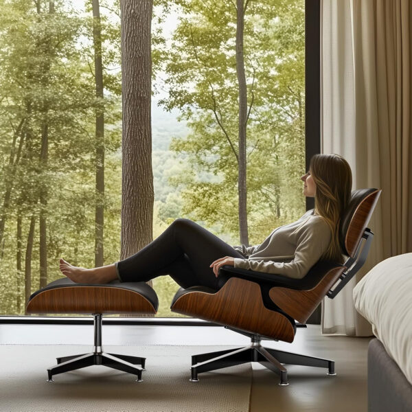 Top Black PU Leather, Mid Century Chaise Lounge Chair and Ottoman, Modern Chair Classic Design, Walnut Wood, Heavy Duty Base Support for Living Room Office