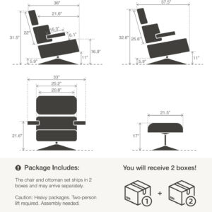 Top Black PU Leather, Mid Century Chaise Lounge Chair and Ottoman, Modern Chair Classic Design, Walnut Wood, Heavy Duty Base Support for Living Room Office