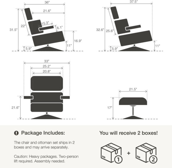 Top Black PU Leather, Mid Century Chaise Lounge Chair and Ottoman, Modern Chair Classic Design, Walnut Wood, Heavy Duty Base Support for Living Room Office